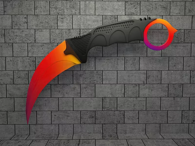 Karambit Weapon With Gradient Blade And Black Grip Handle On Gray Brick Wall 3d model