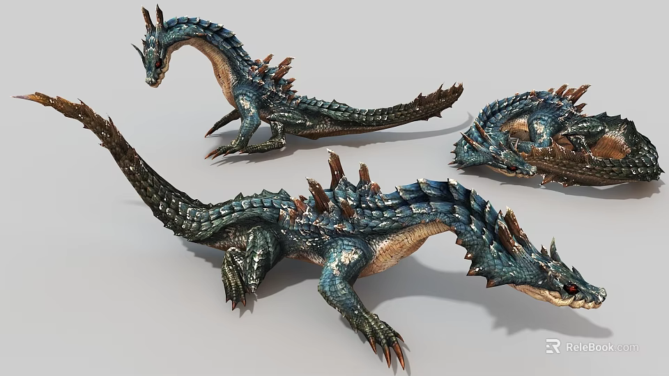 Game Movie Character Blue Spiked Scaled Dragon Creature With Long Tail And Sharp Features 3d model