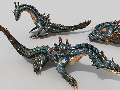 Game Movie Character Blue Spiked Scaled Dragon Creature With Long Tail And Sharp Features 3d model