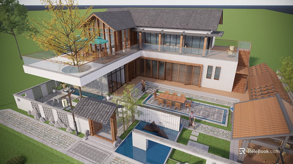 Traditional Modern Fusion Boutique Villa With Courtyard Pool Wooden Glass Elements 3d model 