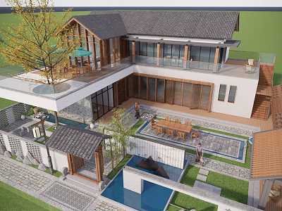 Traditional Modern Fusion Boutique Villa With Courtyard Pool Wooden Glass Elements 3d model