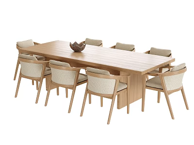 Natural Wooden Long Dining Table With Light Colored Cushioned Chairs And Decorative Bowl 3d model