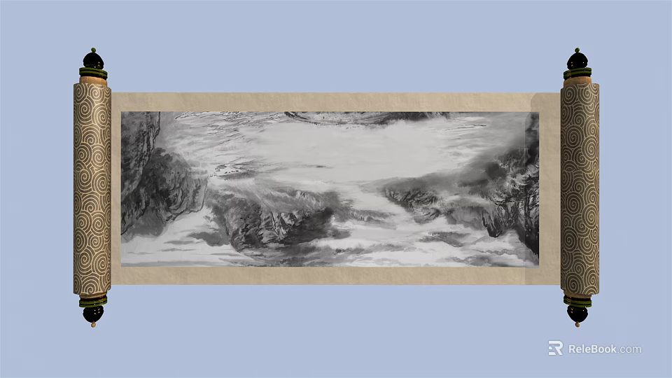 Traditional Chinese Landscape Painting On Scroll With Mountain River Ink Wash Style 3d model 