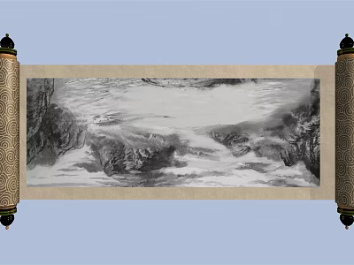 Traditional Chinese Landscape Painting On Scroll With Mountain River Ink Wash Style 3d model