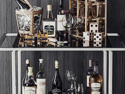 Elegant Modern Tableware Set with Wine Bottles Wine Glasses Ice Bucket and Dice on Trolley 3d model