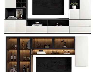 Contemporary TV Cabinet With Open Shelves Drawers White Black Finish Potted Plant And Wine Glasses 3d model