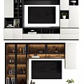 Contemporary TV Cabinet With Open Shelves Drawers White Black Finish Potted Plant And Wine Glasses