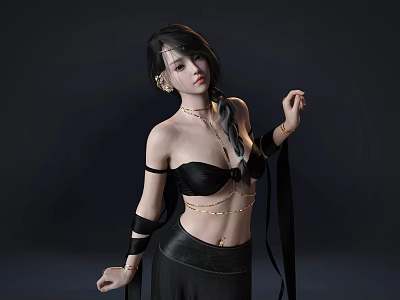 Woman Wearing Black Strapless Top And Skirt With Braided Hair Necklace Bracelet Against Dark Background 3d model