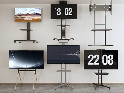 TV Sets with Mobile and Floor Stands Featuring Digital Clock Displays in Modern Setup 3d model