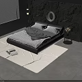 Modern Double Bed With Striped Bedding Gray Tones Circular Wall Decor Nightstands Rug And Window Light