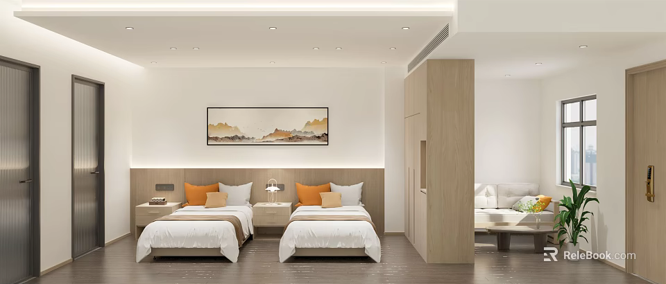 Modern Hotel Guest Room With Twin Beds Nightstands Wooden Wardrobe And Wall Painting 3d model 