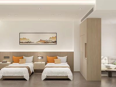 Modern Hotel Guest Room With Twin Beds Nightstands Wooden Wardrobe And Wall Painting 3d model