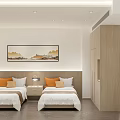 Modern Hotel Guest Room With Twin Beds Nightstands Wooden Wardrobe And Wall Painting