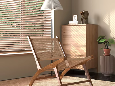 Wooden Rattan Leisure Chair In Beige Room With Window Blinds Floor Lamp And Potted Plant 3d model