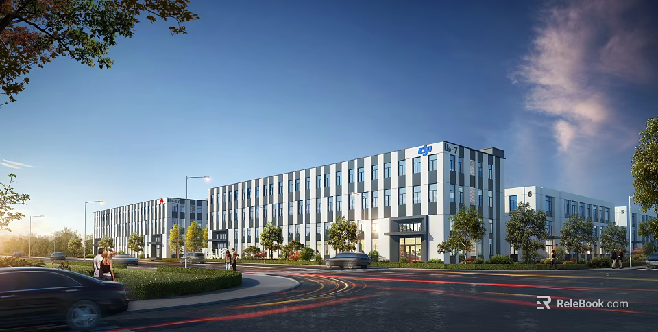 Modern Industrial Factory Building Exterior With Greenery Trees Road And Vehicles Under Clear Sky 3d model 