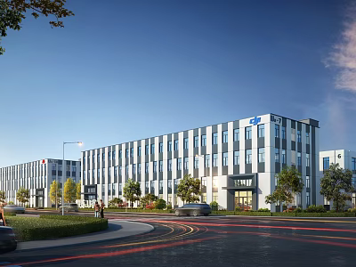 Modern Industrial Factory Building Exterior With Greenery Trees Road And Vehicles Under Clear Sky 3d model