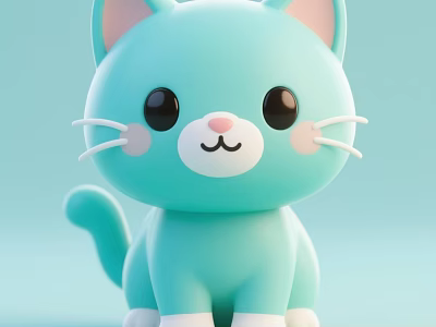 Cute Light Blue Cartoon Cat Plush Toy With Big Eyes And Pink Cheeks 3d model