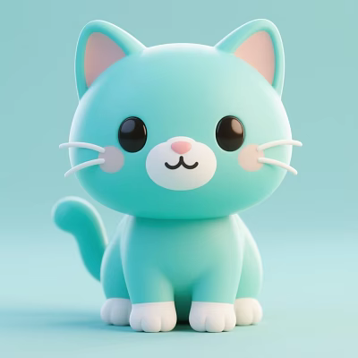 Cute Light Blue Cartoon Cat Plush Toy With Big Eyes And Pink Cheeks 3d model