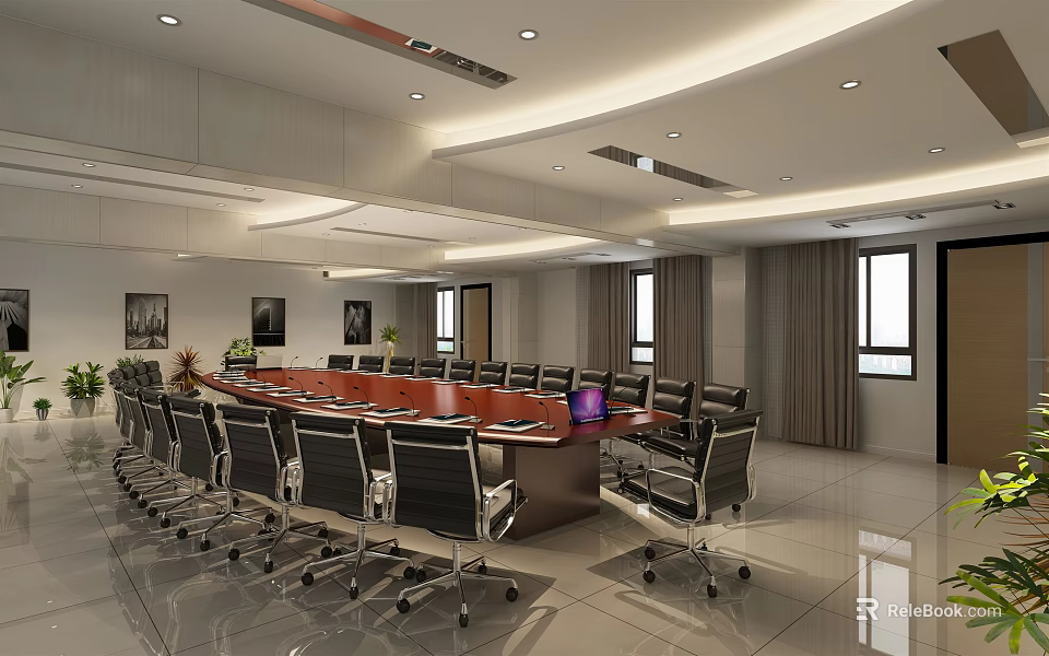 Modern Meeting Room Interior With Long Conference Table Black Office Chairs And Ceiling Lighting 3d model 