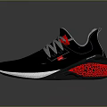 Modern Black Sports Sneakers With Red Texture Details On Sole And Gray Laces
