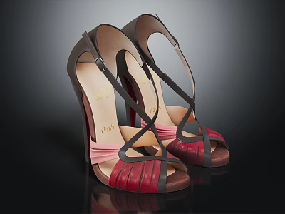 Women's Red Black High Heel Shoes With Crisscross Straps And Pink Accents 3d model