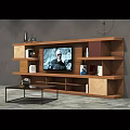 Modern Wooden TV Cabinet Interior With Bookshelves Decorative Vases And Storage
