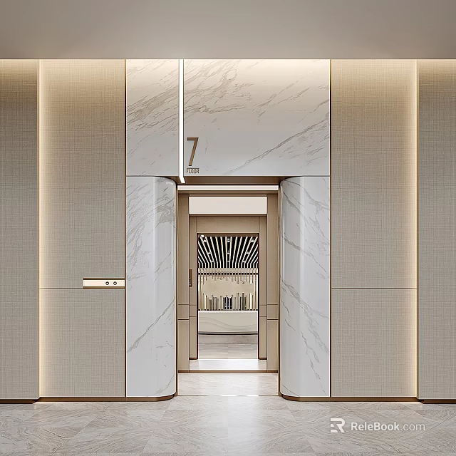 Modern Elevator Interior Design With Marble Walls Lighting And Floor Number 7 3d model 