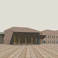 Wooden House Complex With Sloped Roofs Circular Grass Area And Stone Paved Courtyard