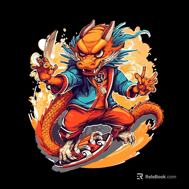 Cartoon Dragon Wall Decor with Blue Orange Clothing Skateboard and Dynamic Splash Effect 3d model 