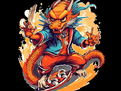 Cartoon Dragon Wall Decor with Blue Orange Clothing Skateboard and Dynamic Splash Effect 3d model