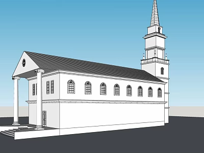 Ancient Architectural Building with Steeple Tower Arched Windows Columns White Walls Black Roof Front Steps 3d model