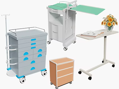 Medical Equipment Including Mobile Carts With Drawers Storage Cabinets And Green Tabletop Trolleys 3d model