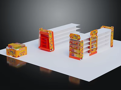 Retail Display Furniture With White Red Orange Shelves And Yellow Product Storage Boxes 3d model
