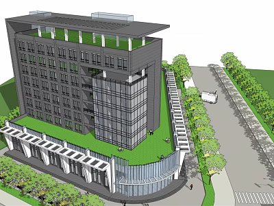 Modern Multi Storey Building With Glass Facade Green Roof Curved Base And Surrounding Urban Greenery 3d model