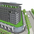 Modern Multi Storey Building With Glass Facade Green Roof Curved Base And Surrounding Urban Greenery