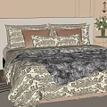 Double Bed with Patterned Bedspread Colorful Pillows Bedside Lamp and Area Rug in Bedroom