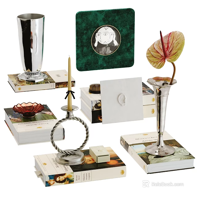 Elegant Decorative Ornaments Set With Silver Vase Candle Holder Green Artwork And Leaf Decoration 3d model 