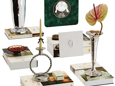 Elegant Decorative Ornaments Set With Silver Vase Candle Holder Green Artwork And Leaf Decoration 3d model