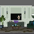 Light Green Paneled TV Background Wall With Wall Sconces And Green TV Cabinet