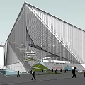 Modern Architectural Structure With Geometric Glass Frames Pedestrians And Vehicles