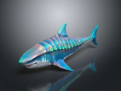 Iridescent Colorful Shark With Sharp Teeth And Shiny Scales On Dark Background 3d model