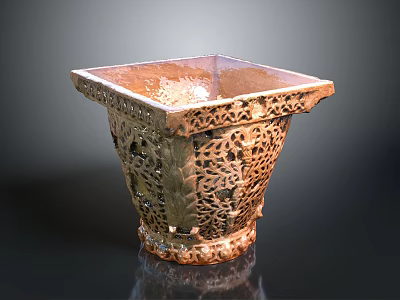 Intricate Metal Sculpture Carving Square Vase With Detailed Hollow Patterns And Ornate Base 3d model