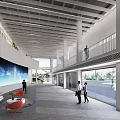 Modern Front Desk Reception In Spacious Lobby With Large Screen Sofa Seating And Glass Walls