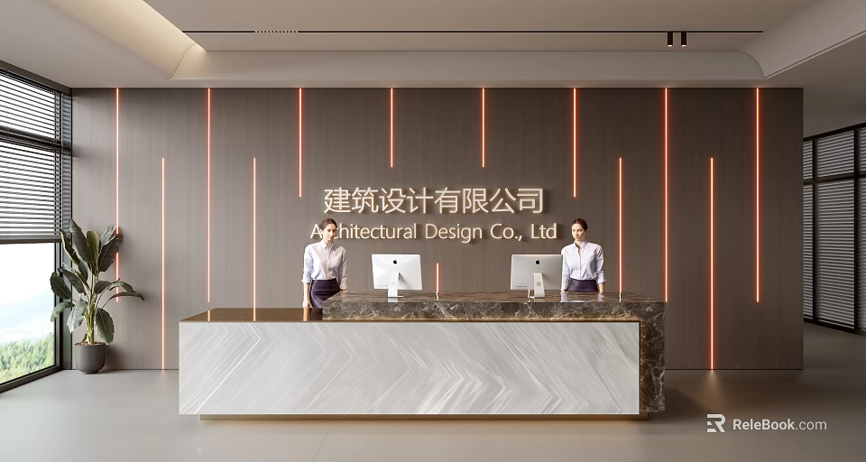 Front Desk Reception at Architectural Design Company Modern with Marble Countertop Staff and Illuminated Signage 3d model 
