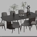 Modern Wooden Dining Table Set With Light Gray Upholstered Chairs And Green Plant Decor