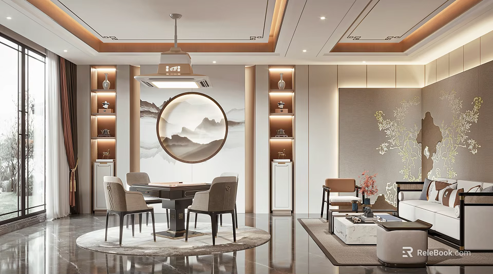Hotel Mahjong Room With Chinese Style Round Table Comfortable Chairs And Tea Sets 3d model 