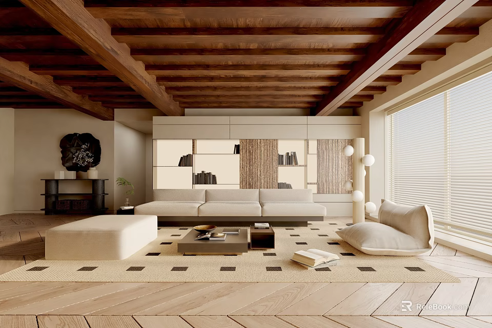 Modern Living Room Interior Featuring Wooden Ceiling Beige Sofa Patterned Rug Bookshelves And Floor Lamp 3d model 