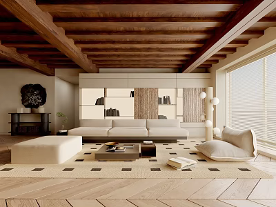 Modern Living Room Interior Featuring Wooden Ceiling Beige Sofa Patterned Rug Bookshelves And Floor Lamp 3d model
