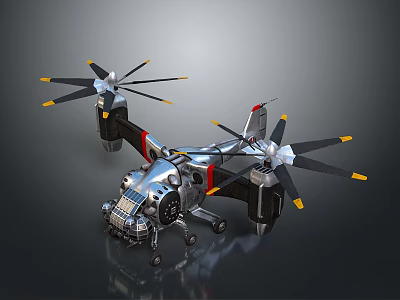 Futuristic Metallic Aircraft With Dual Rotors And Yellow Tip Blades 3d model