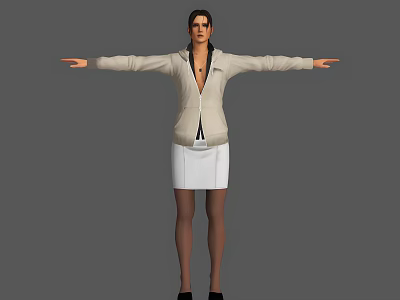 Woman In Beige Zip Up Jacket And White Skirt With Arms Outstretched Against Gray Background 3d model